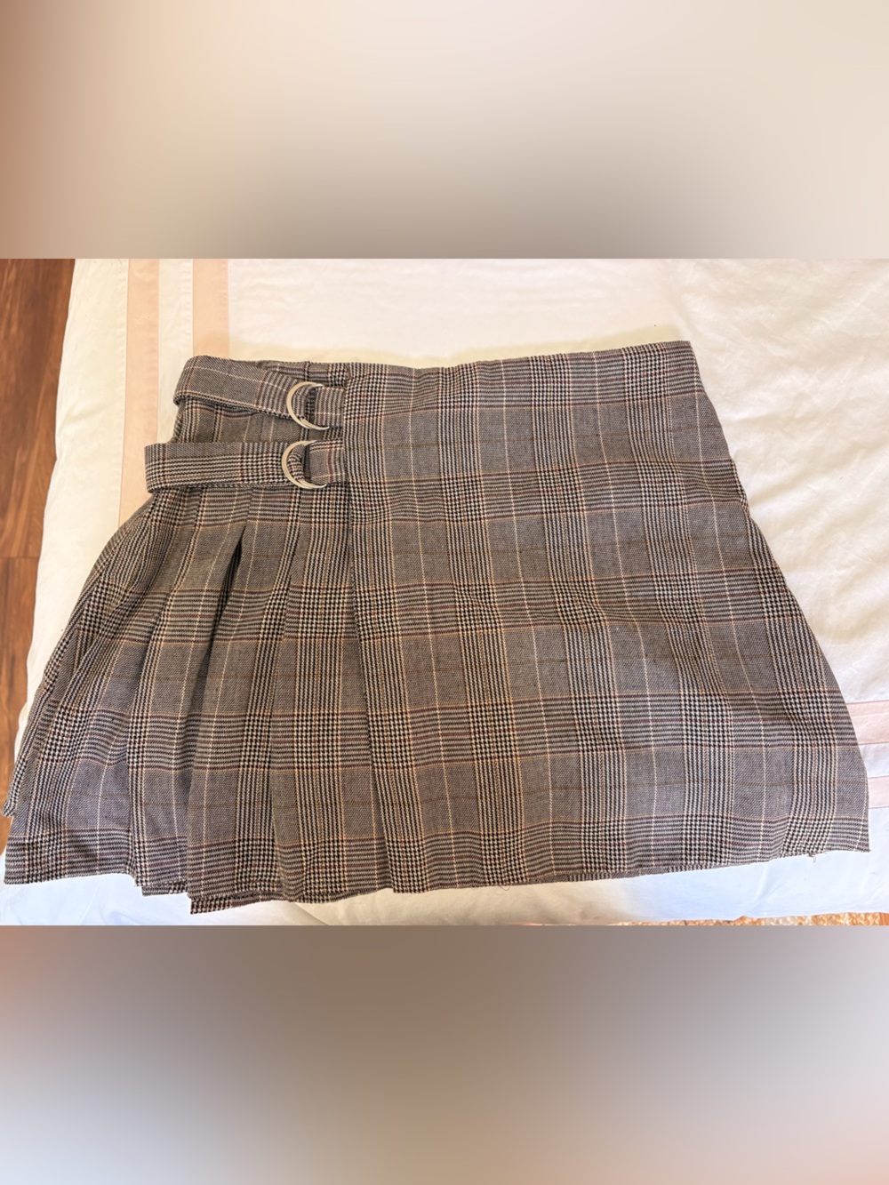 Blu Pepper Women's Plaid Skirt in Brown and Gray with Side Buckles